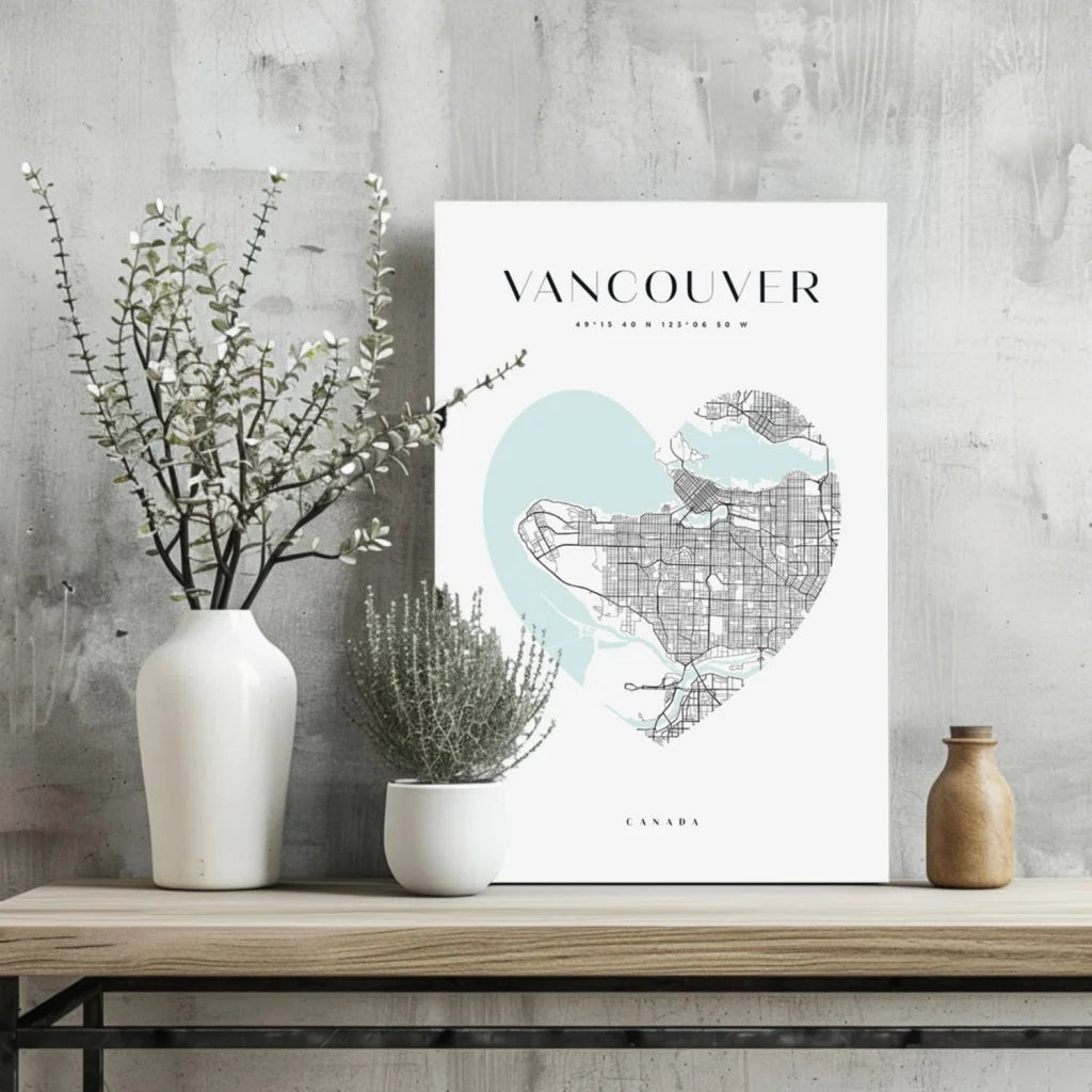 Heart shaped Vancouver map on insigne aluminum print