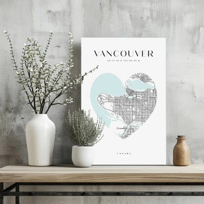 Heart shaped Vancouver map on insigne aluminum print