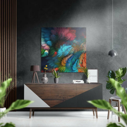 Vibrant abstract brushed aluminium dibond wall art in teal, magenta, orange, green