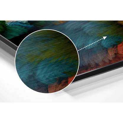 Abstract brushed aluminium dibond wall art in teal, olive, and red tones