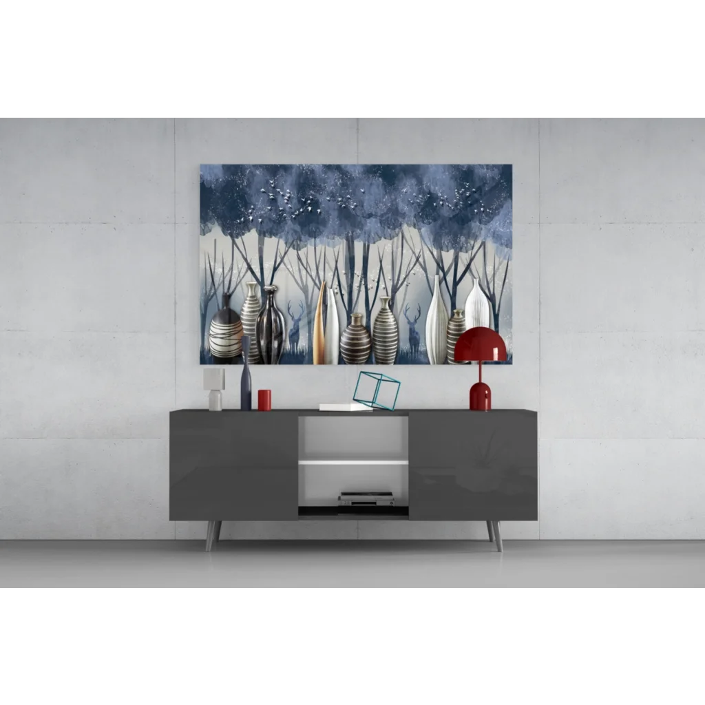 Modern gray console table with Misty Forest Vases glass wall art