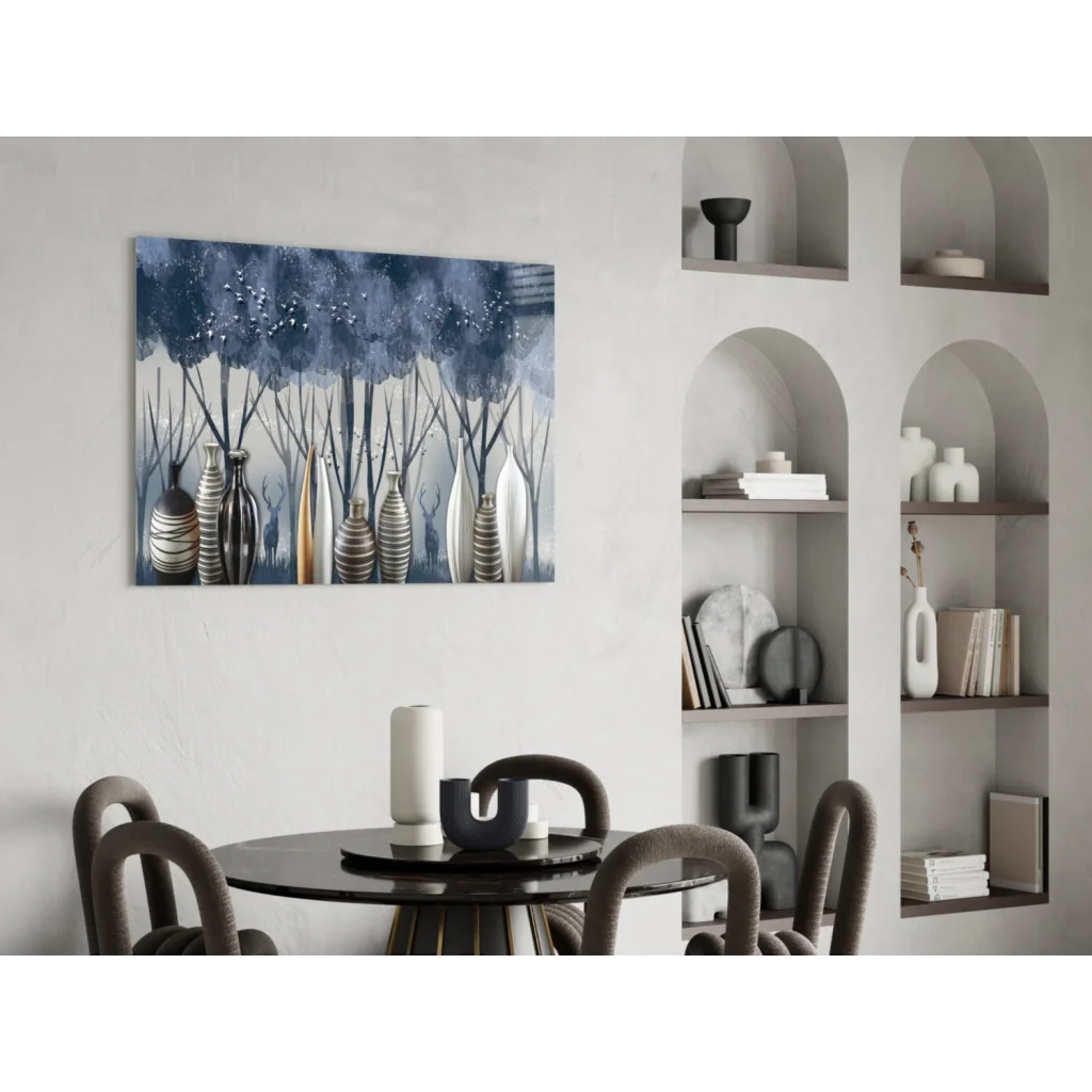 Blue and white Misty Forest Vases glass wall art canvas with abstract trees and metallic vases