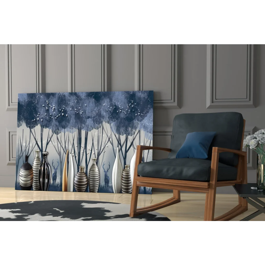 Misty Forest Vases glass wall art canvas with blue and white abstract trees