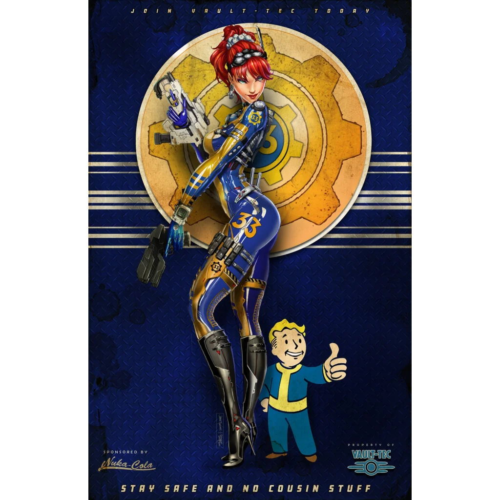 Red-haired Vault-Tec warrior in jumpsuit on brushed aluminum print