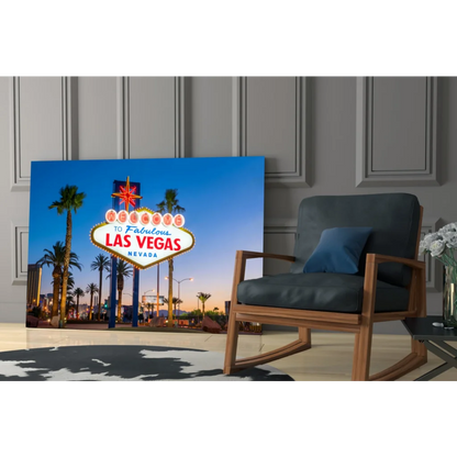 Vibrant glass wall art of Las Vegas sign with palm trees