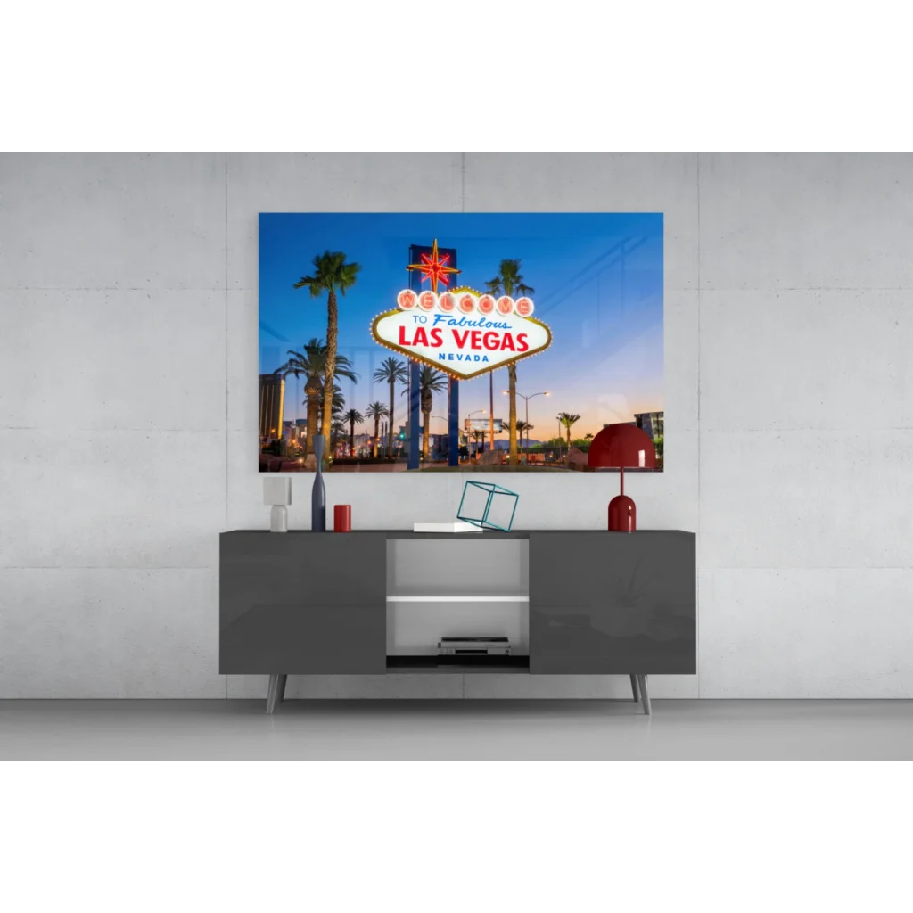 Vibrant Las Vegas welcome sign on glass wall art print at twilight