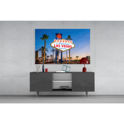 Vibrant Las Vegas welcome sign on glass wall art print at twilight
