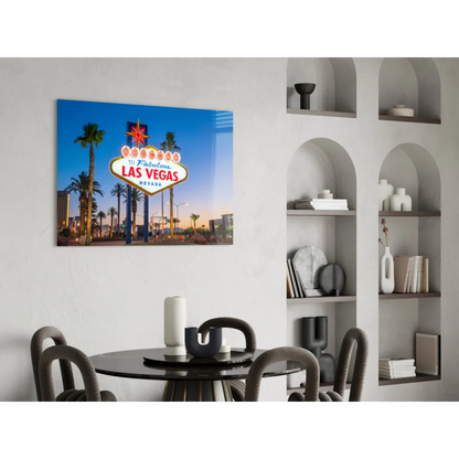 Vibrant neon-lit Las Vegas sign glass wall art print on white wall