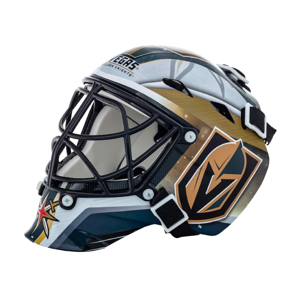 Sleek gold and black Vegas Golden Knights mini goalie mask in molded plastic