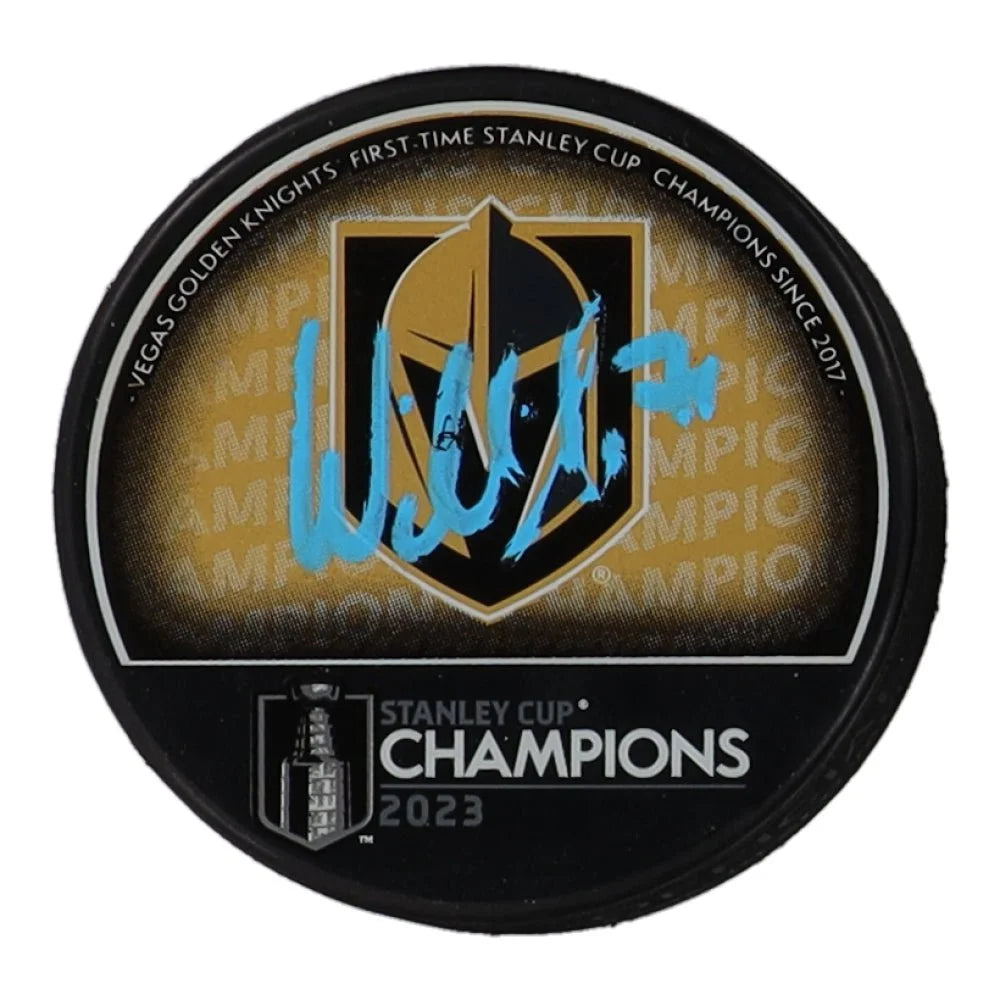 Autographed Vegas Golden Knights Stanley Cup Champions logo hockey puck with champions logo hockey design