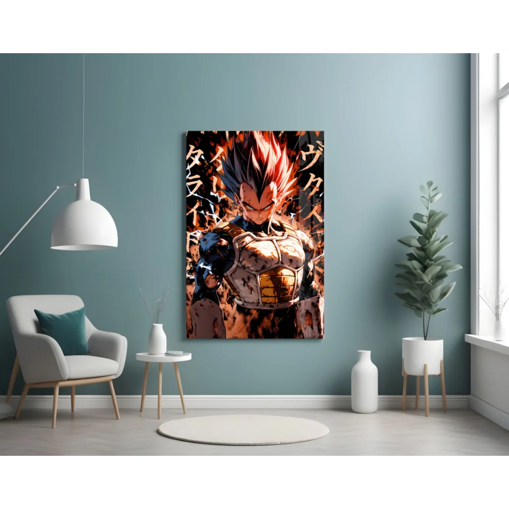 Vibrant Vegito Super Saiyan glass wall art poster with spiky red blue hair