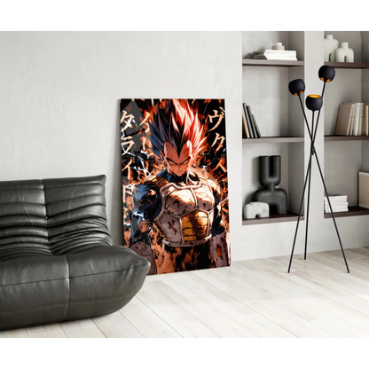 Vibrant Vegeta Super Saiyan glass wall art poster with orange flames