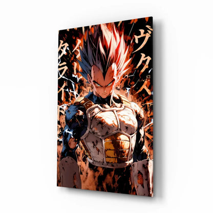 Vegito Super Saiyan glass wall art with fiery orange hair and gold armor