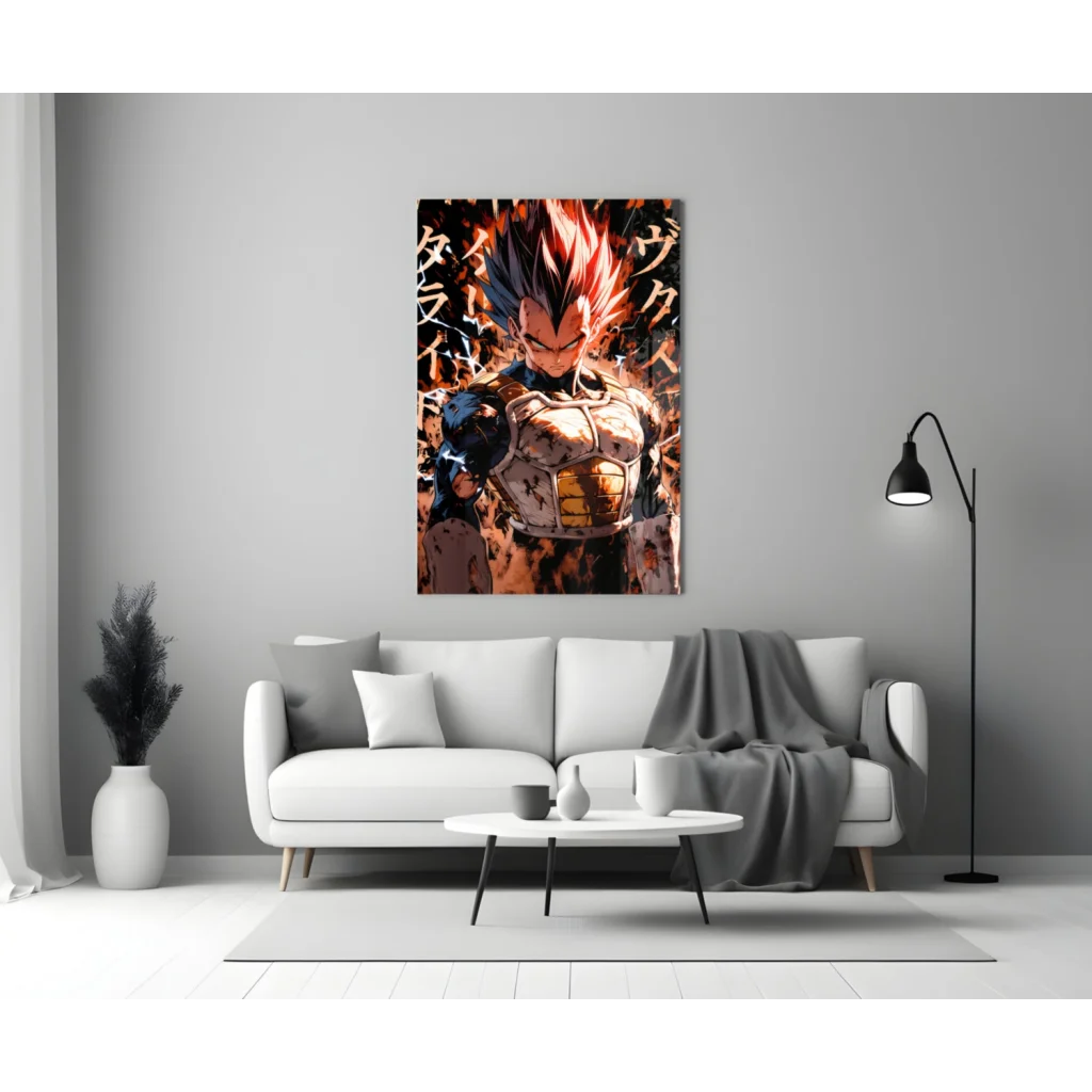 Vegito Super Saiyan glass wall art poster with muscular orange-haired anime character in golden armor