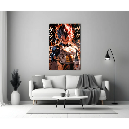 Vegito Super Saiyan glass wall art poster with muscular orange-haired anime character in golden armor