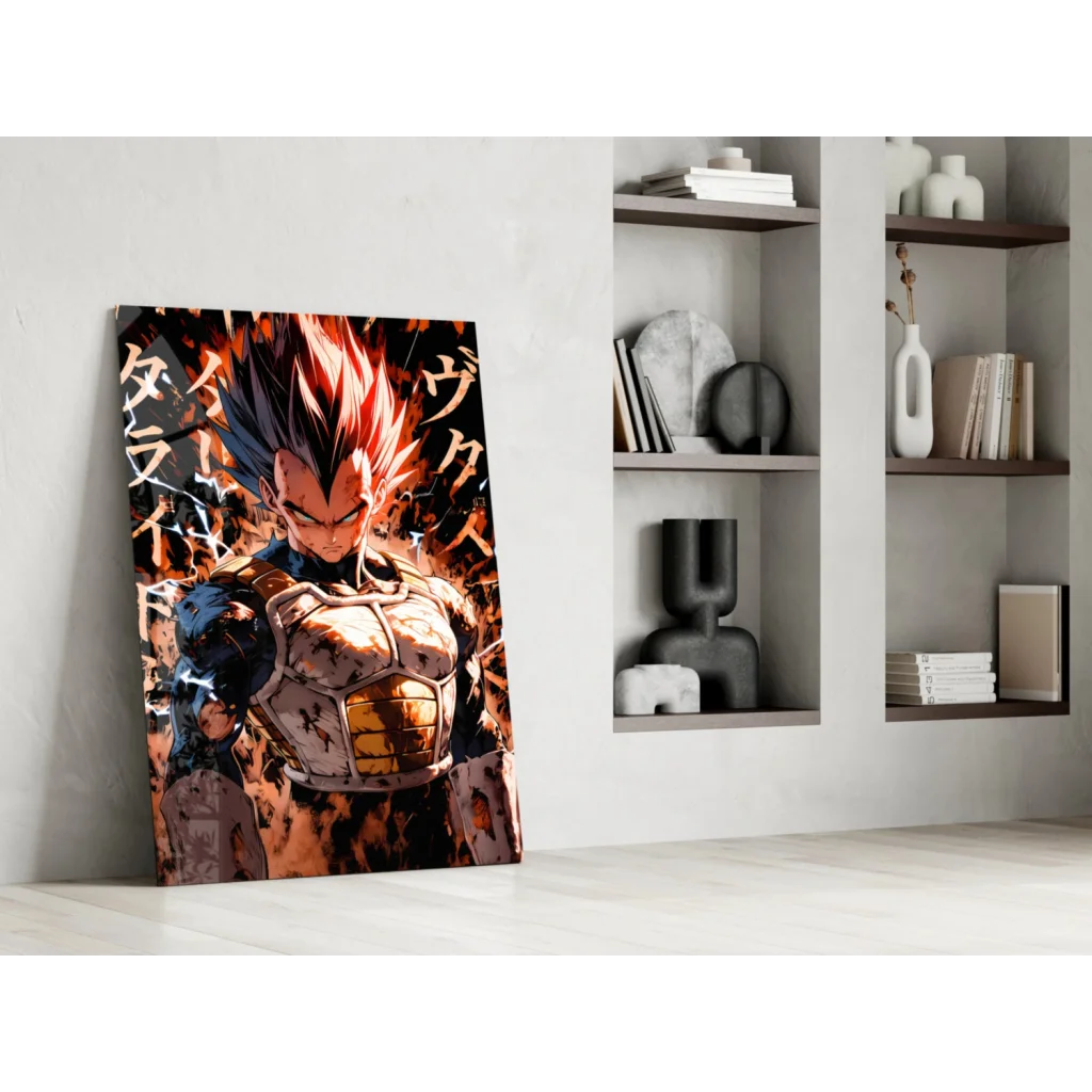 Vibrant Vegeta Super Saiyan glass wall art poster in dynamic stance