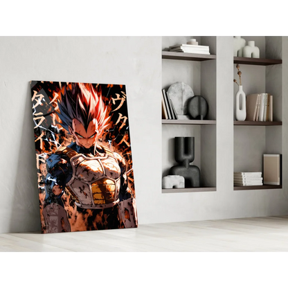 Vibrant Vegeta Super Saiyan glass wall art poster in dynamic stance