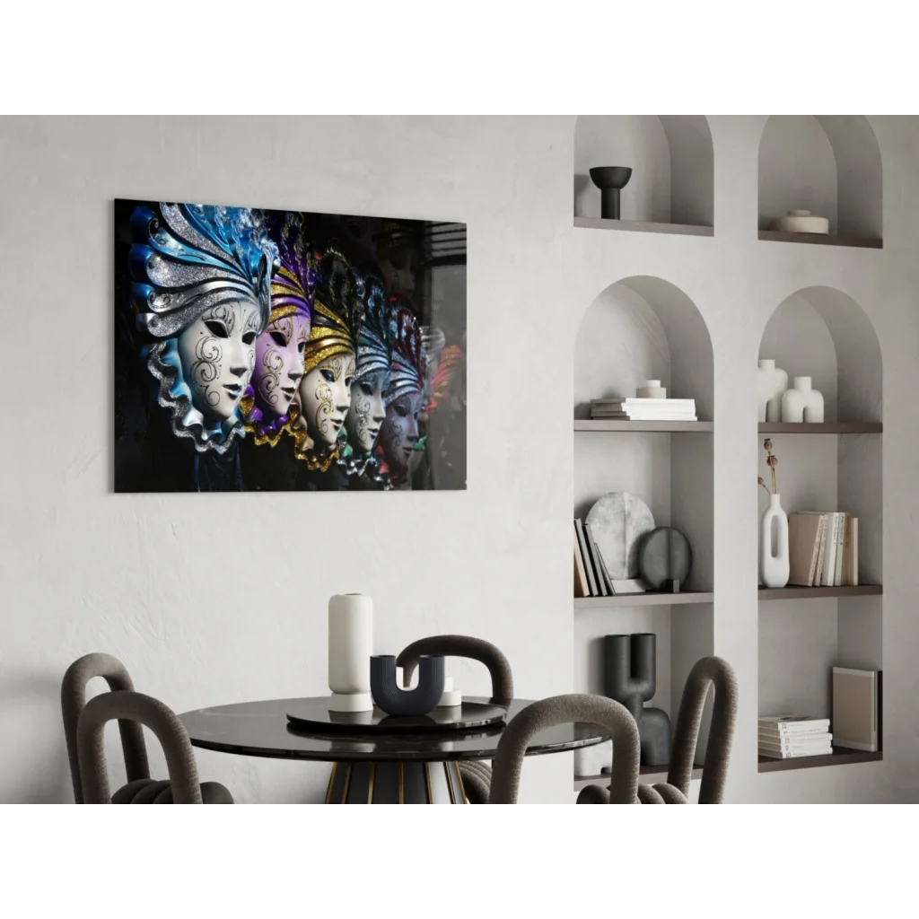 Vibrant Venetian mask wall art canvas with gold and silver details