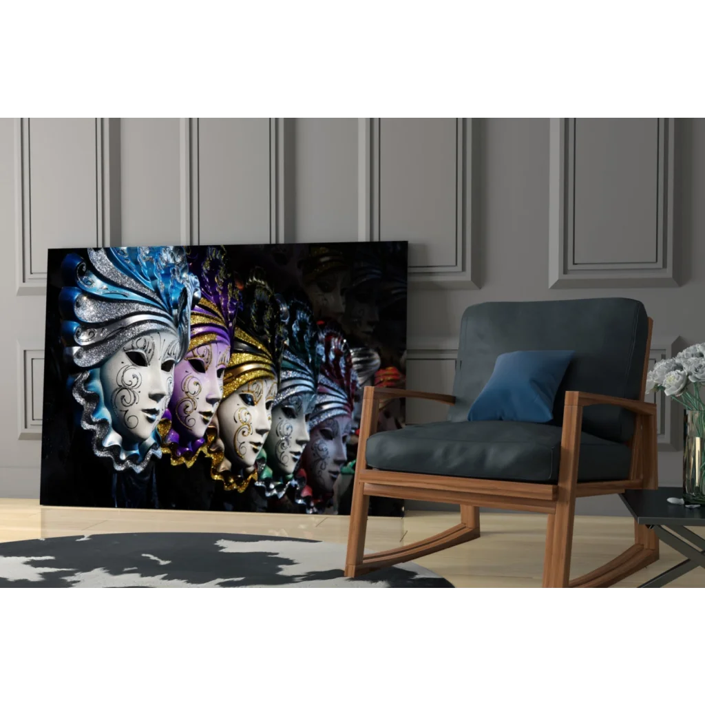Vibrant Venetian Masks Canvas Wall Art with Gold Silver Details
