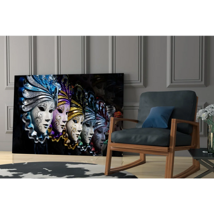 Vibrant Venetian Masks Canvas Wall Art with Gold Silver Details