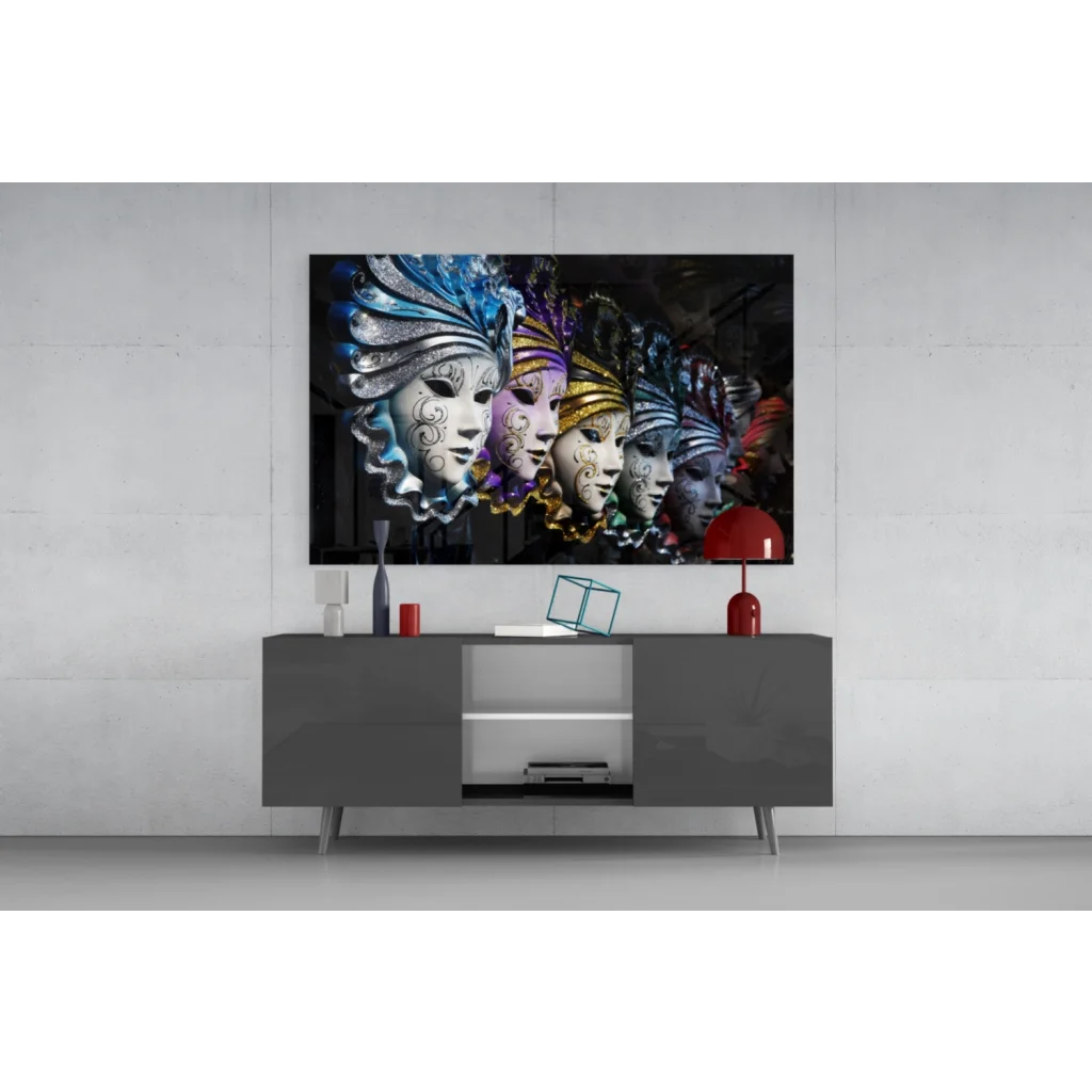 Vibrant multi-colored Venetian mask wall art with gold silver details