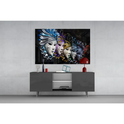 Vibrant multi-colored Venetian mask wall art with gold silver details