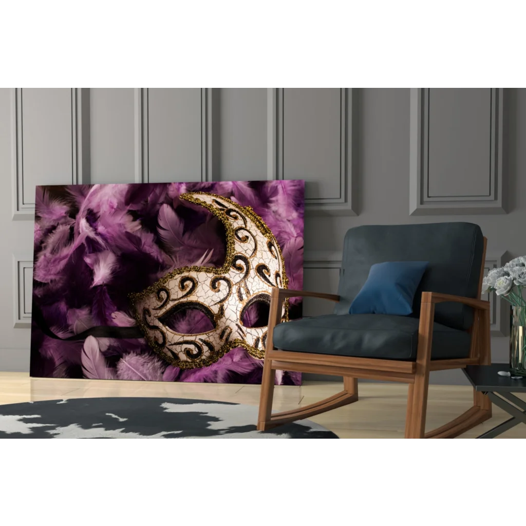 Elegant Venetian mask with gold trim and purple feathers wall art canvas print
