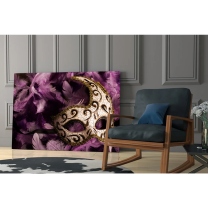 Elegant Venetian mask with gold trim and purple feathers wall art canvas print