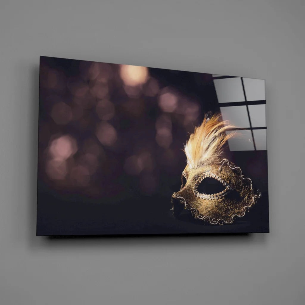 Venetian Mask Canvas Wall Art with Gold Beading and Feathers | Glass Wall Art Print | vintageantiquesgifts.com
