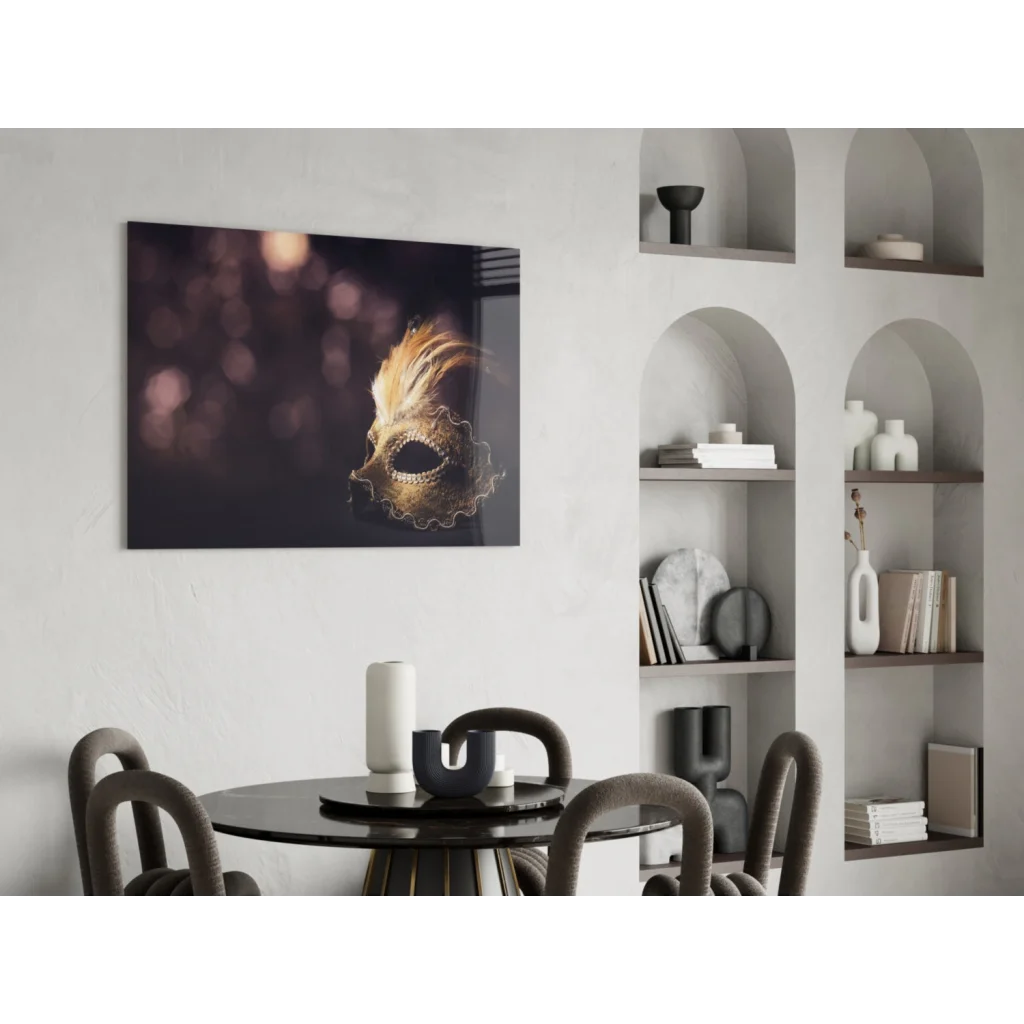 Glossy black canvas wall art of ornate gold Venetian mask with feathers