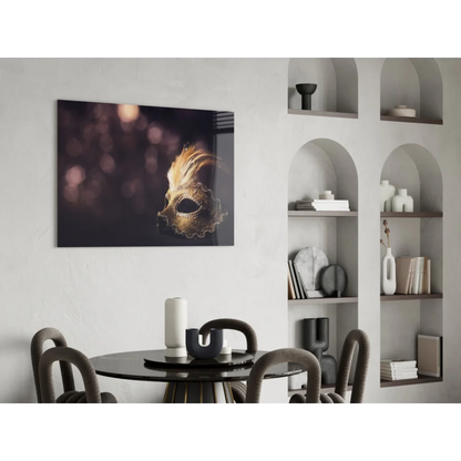 Glossy black canvas wall art of ornate gold Venetian mask with feathers