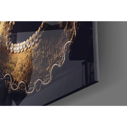 Luxurious gold beaded Venetian mask glass wall art with feathers
