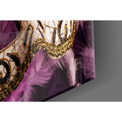 Elegant Venetian mask with gold black lace and purple feathers wall art print