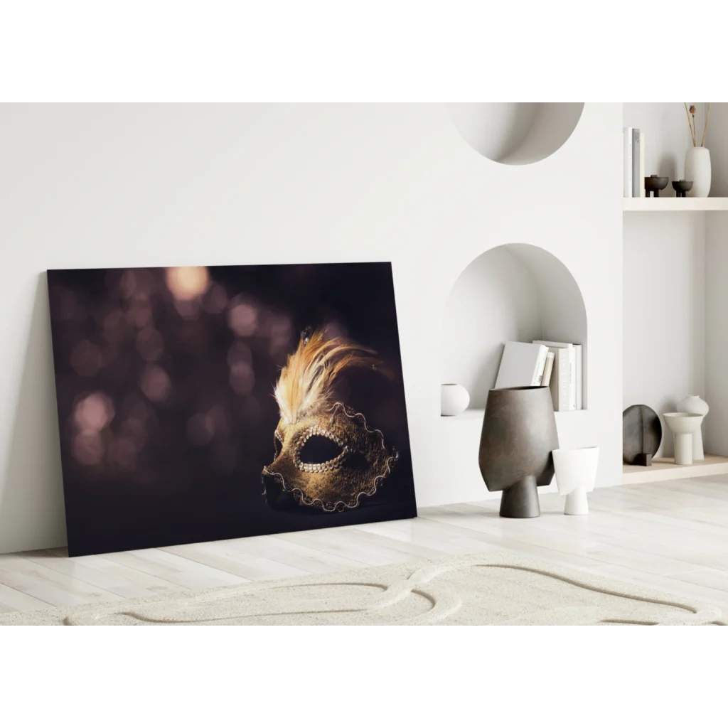 Venetian Mask Canvas Wall Art with Gold Beading and Feathers | Modern Wall Art Decor | vintageantiquesgifts.com
