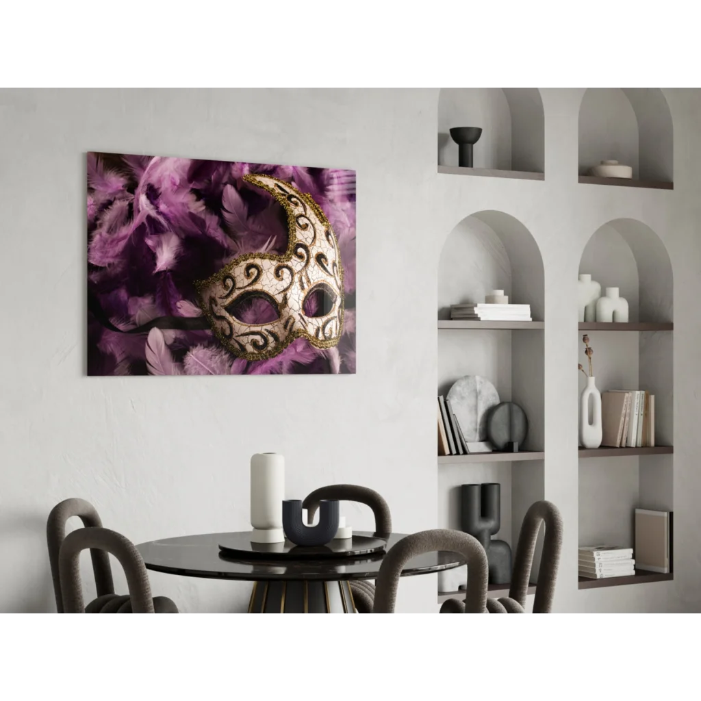 Ornate gold Venetian mask on purple feathers wall art canvas print