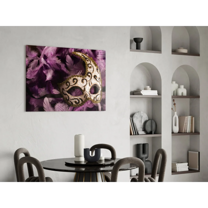 Ornate gold Venetian mask on purple feathers wall art canvas print