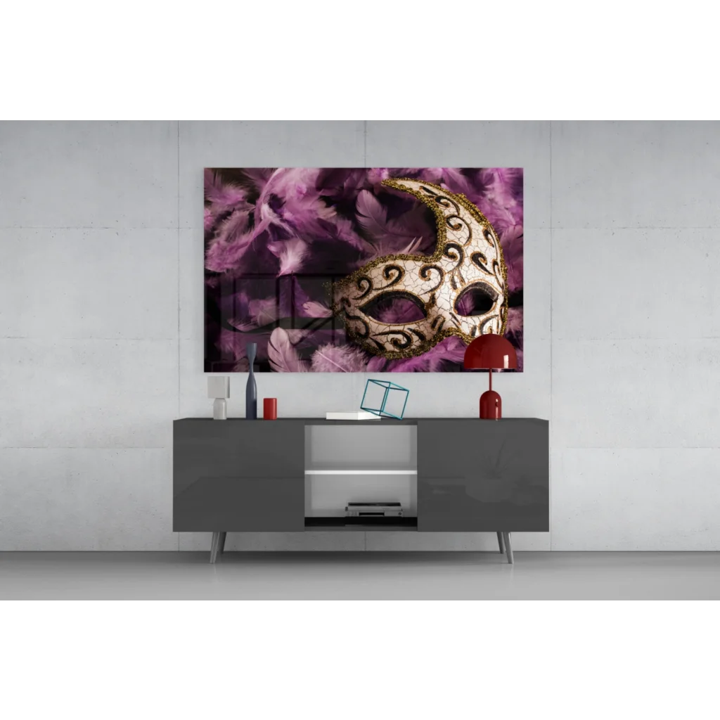 Ornate white gold Venetian mask with purple feathers wall art canvas print