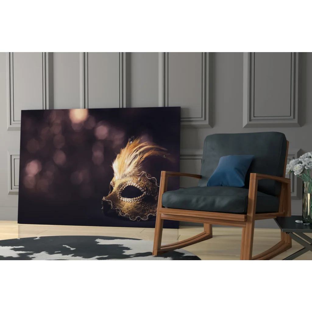 Golden Venetian mask wall art canvas with feathers and beading