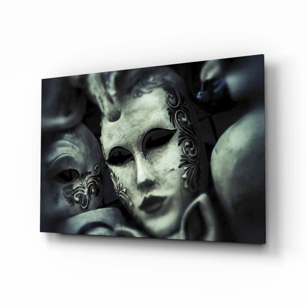 Close-up of ornate black and white Venetian masks wall art canvas print
