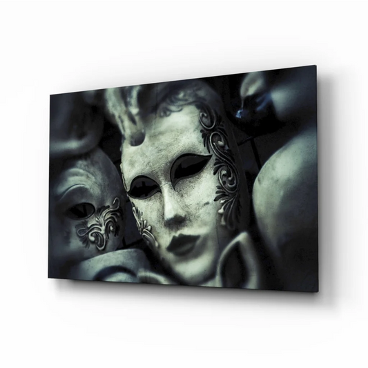 Close-up of ornate black and white Venetian masks wall art canvas print
