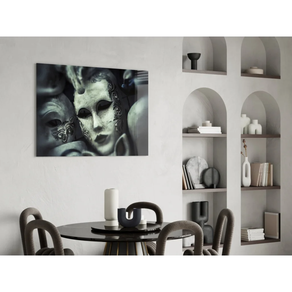 Black and white Venetian masks canvas wall art hanging on wall