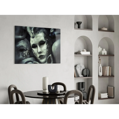 Black and white Venetian masks canvas wall art hanging on wall