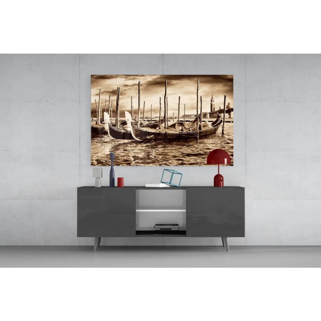 Sepia-toned Venice gondolas canvas wall art print