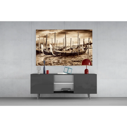 Sepia-toned Venice gondolas canvas wall art print
