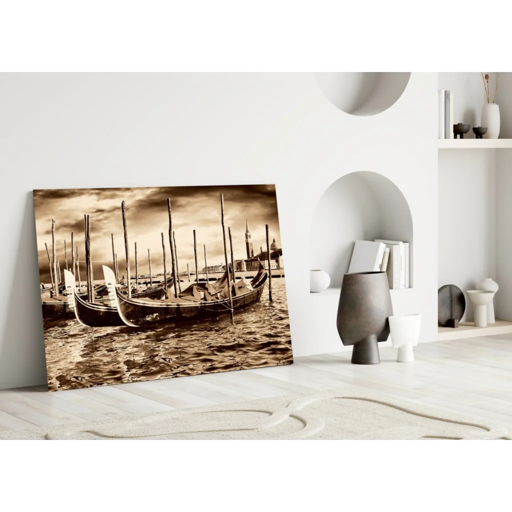 Venice Gondolas Sepia Canvas Wall Art Print | Modern Wall Art Decor | vintageantiquesgifts.com