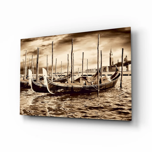 Venice Gondolas Sepia Canvas Wall Art Print | Insigneart USA | vintageantiquesgifts.com