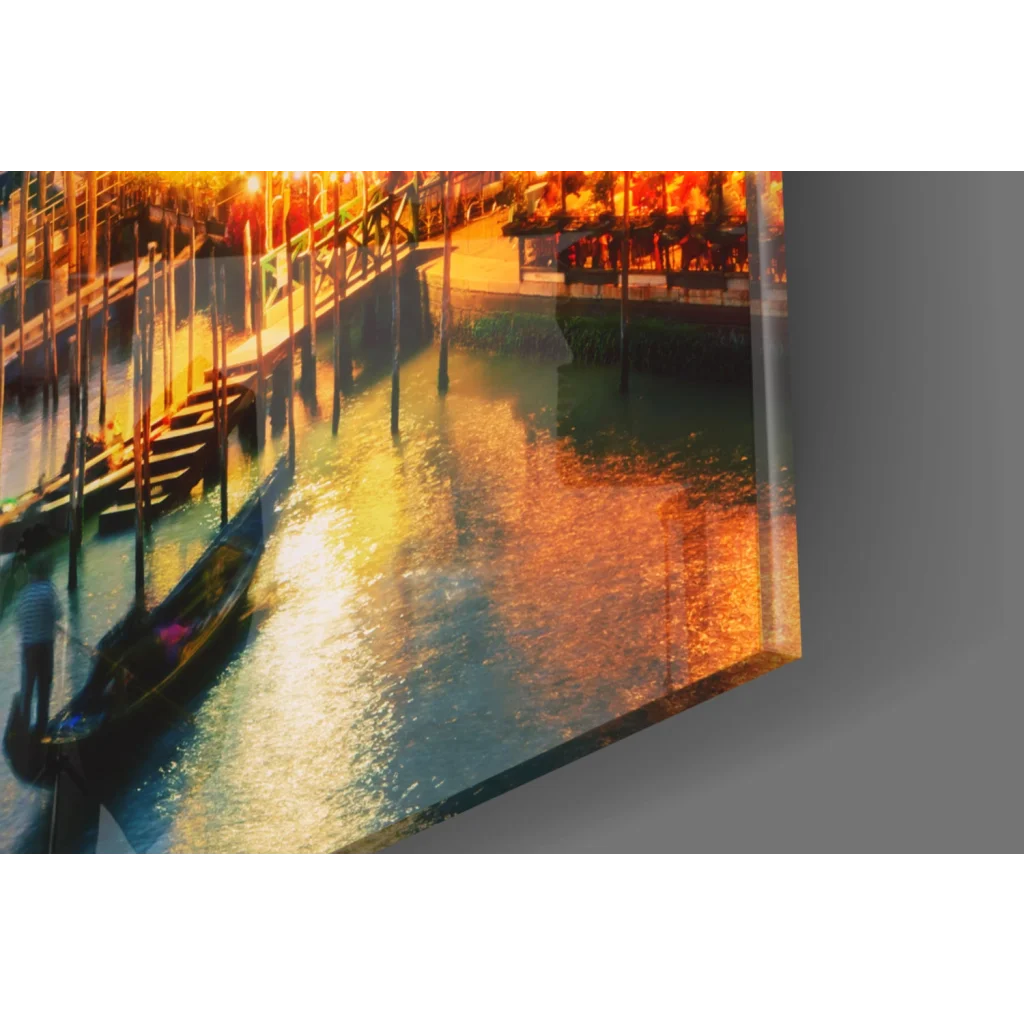 Vibrant sunset canal on clear acrylic glass wall art panel