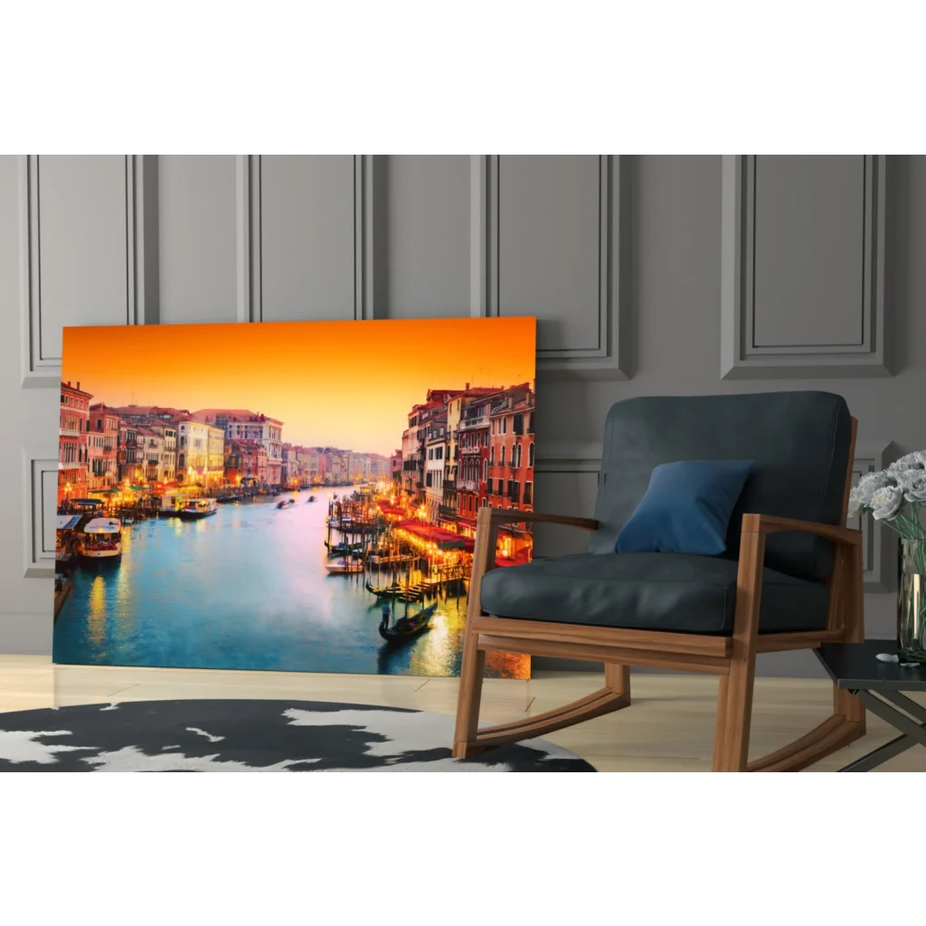 Vibrant orange and blue Venice canal sunset on glass wall art