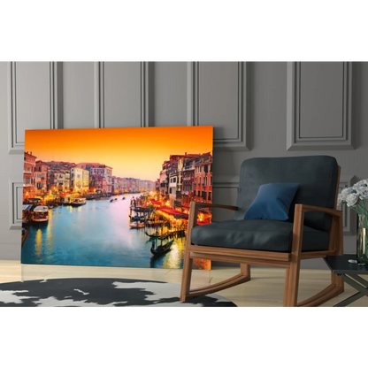 Vibrant orange and blue Venice canal sunset on glass wall art