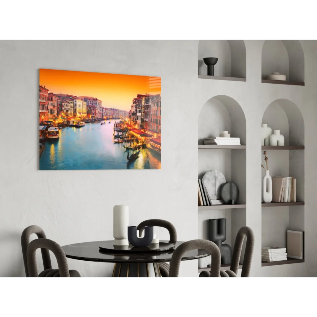Vibrant orange and blue sunset canal on sleek glass wall art canvas
